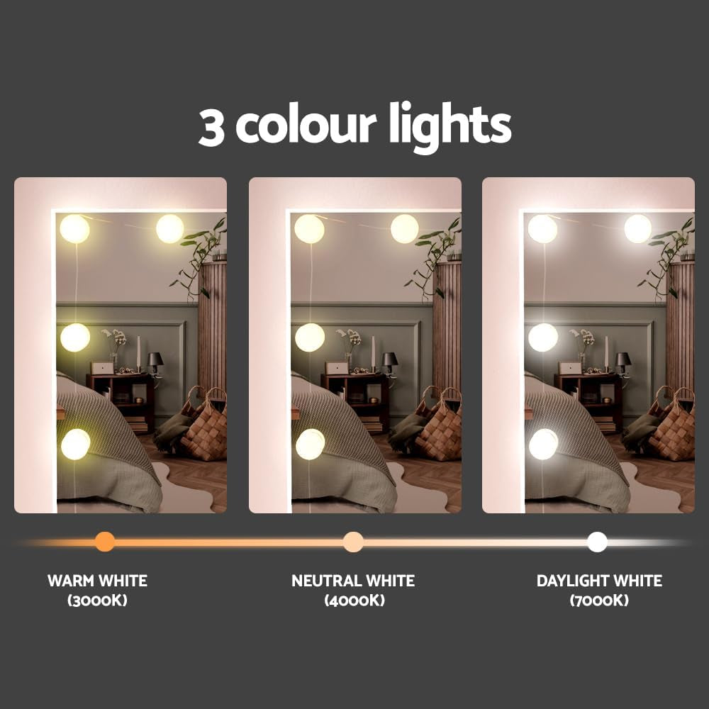 Vanity Table, 10 Bulbs LED Mirror Makeup Stool Set, 7 Drawers Shelves Wide Tabletop White