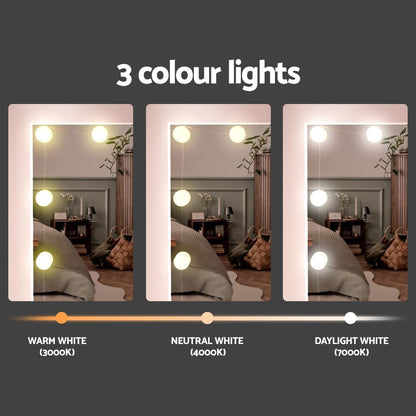 Vanity Table, 10 Bulbs LED Mirror Makeup Stool Set, 7 Drawers Shelves Wide Tabletop White