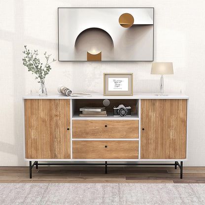 Buffet Sideboard, Mid Century Modern Coffee Bar Station W/Sliding Tambour Doors & 2 Storage Drawers
