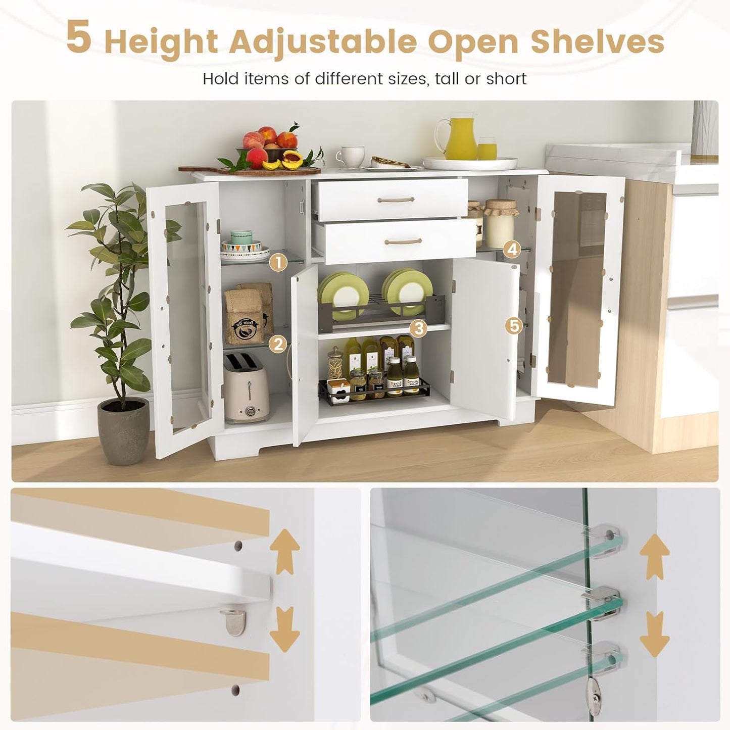 Buffet Sideboard W/Glass Door, Kitchen Storage Organizer W/ 2 Drawers & 3 Cabinets, Multifunctional Display Cabinet Console Table W/ 5 Adjustable Shelves for Kitchen Living Room White