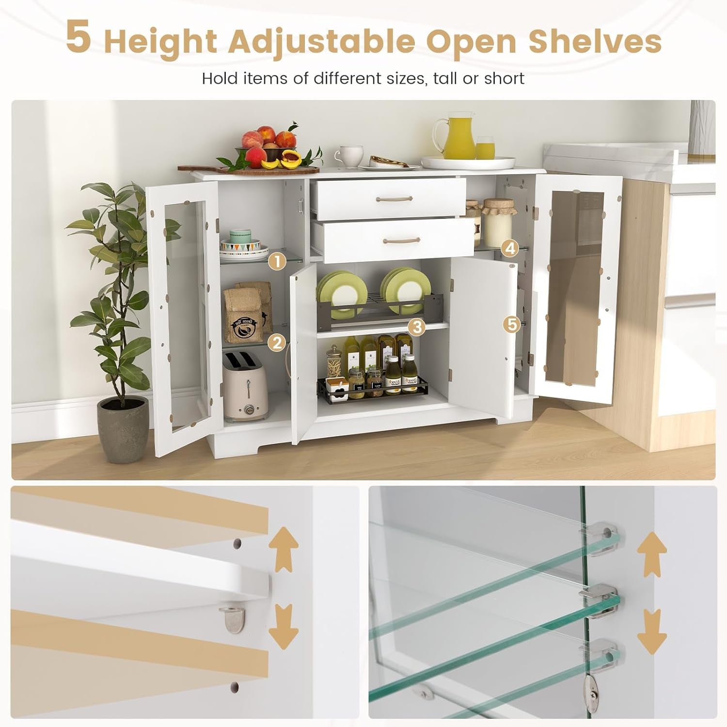 Buffet Sideboard W/Glass Door, Kitchen Storage Organizer W/ 2 Drawers & 3 Cabinets, Multifunctional Display Cabinet Console Table W/ 5 Adjustable Shelves for Kitchen Living Room White