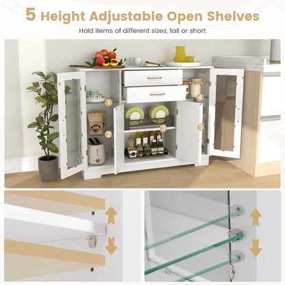 Buffet Sideboard W/Glass Door, Kitchen Storage Organizer W/ 2 Drawers & 3 Cabinets, Multifunctional Display Cabinet Console Table W/ 5 Adjustable Shelves for Kitchen Living Room White