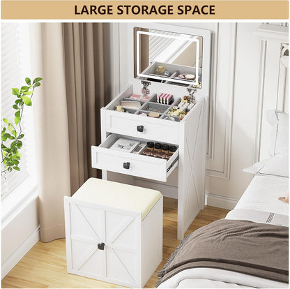 Farmhouse Vanity Desk with Mirror&Lights, 3 in 1 Small Makeup Vanity Set with Stool, Space-Saving Makeup Vanity with Storage Compartment, Dressing Table for Bedroom/Cloakroom, White
