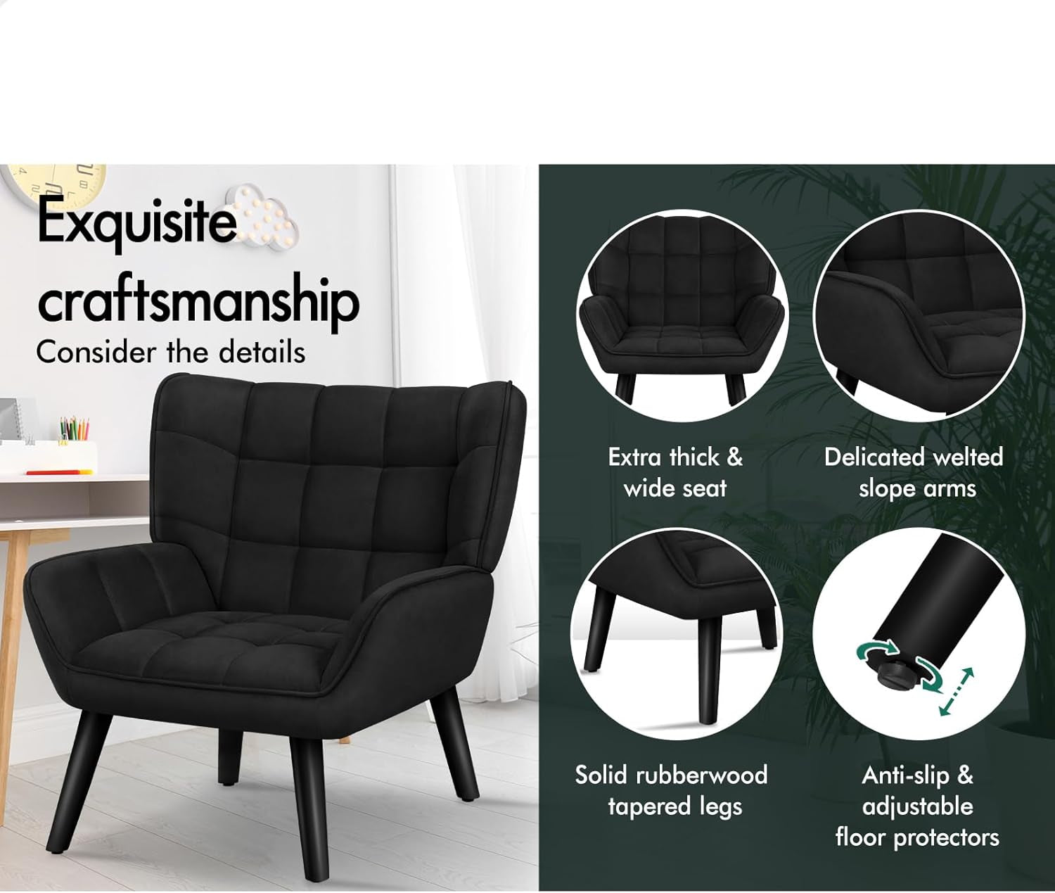 Armchair with Velvet Upholstery, Leisure Occasional Accent Chair with Solid Wooden Legs, Nursing Lounge Sofa for Reading Dressing Bedroom Living Room, Max 180Kg, Venus Black