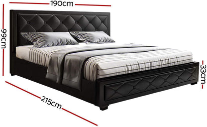 King Bed Frame Platform Tufted Headboard Frames Gas Lift Beds Base with Storage Space, Upholstered with Black PVC Leather + Foam + Wood