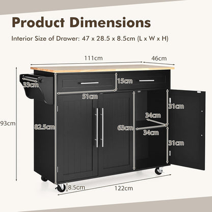 Mobile Kitchen Island Cart, Rolling Storage Trolley with Towel Bar, 2 Deep Drawers, 3 Door Cabinets, Swivel Casters, Rubber Wood Top, for Kitchen Dining Room (Black)