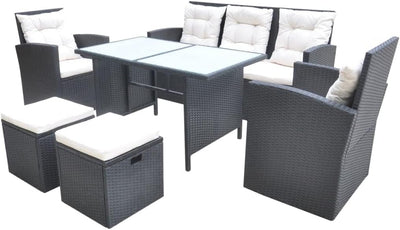 6-Piece Outdoor Dining Set with Cushions - Stylish and Durable Poly Rattan Construction - Black Outdoor Furniture with Easy-Care Cushions