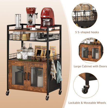 Coffee Bar Cabinet, 3 Tier Coffee Station Table on Wheels, 35.9'' H Bar Cart with Wire Basket Drawer & 5 Hooks for Home Kitchen