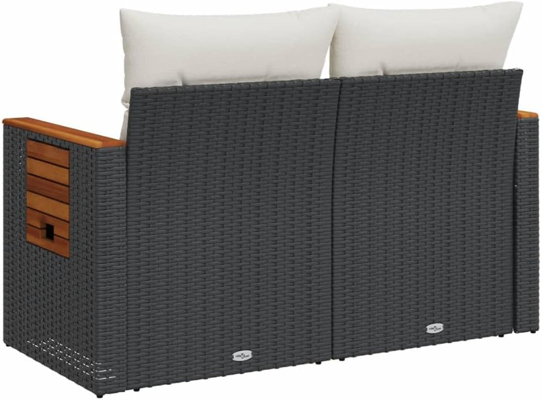 Garden Sofa/Couch W Cushions - 2-Seater Black PE Rattan, Steel & Acacia Wood - Outdoor Patio/Deck Furniture - 124X62X69 Cm with Storage & Side Table