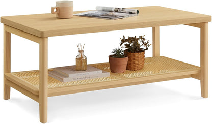 2-Tier Modern Coffee Table with PVC Rattan Storage Shelf, Rounded Corners, Easy Assembly, Boho Style, Oak Beige ULCT240Y57