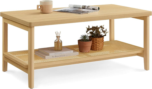 2-Tier Modern Coffee Table with PVC Rattan Storage Shelf, Rounded Corners, Easy Assembly, Boho Style, Oak Beige ULCT240Y57