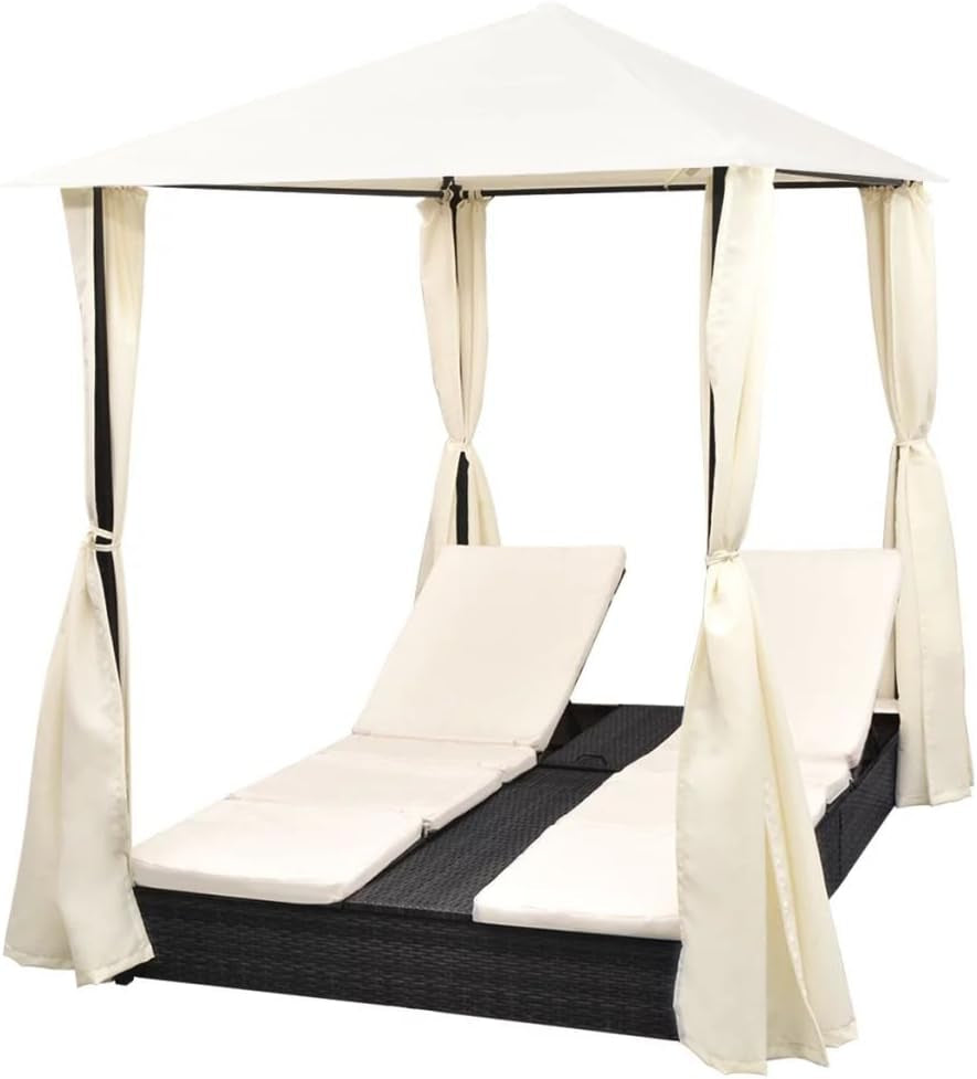 Chaise Lounge with Canopy Patio Furniture Outdoor Poolside Garden Adjustable Sun Lounge Poly Rattan Bed with Cushion for Patio Lawn Garden Backyard Porch Pool
