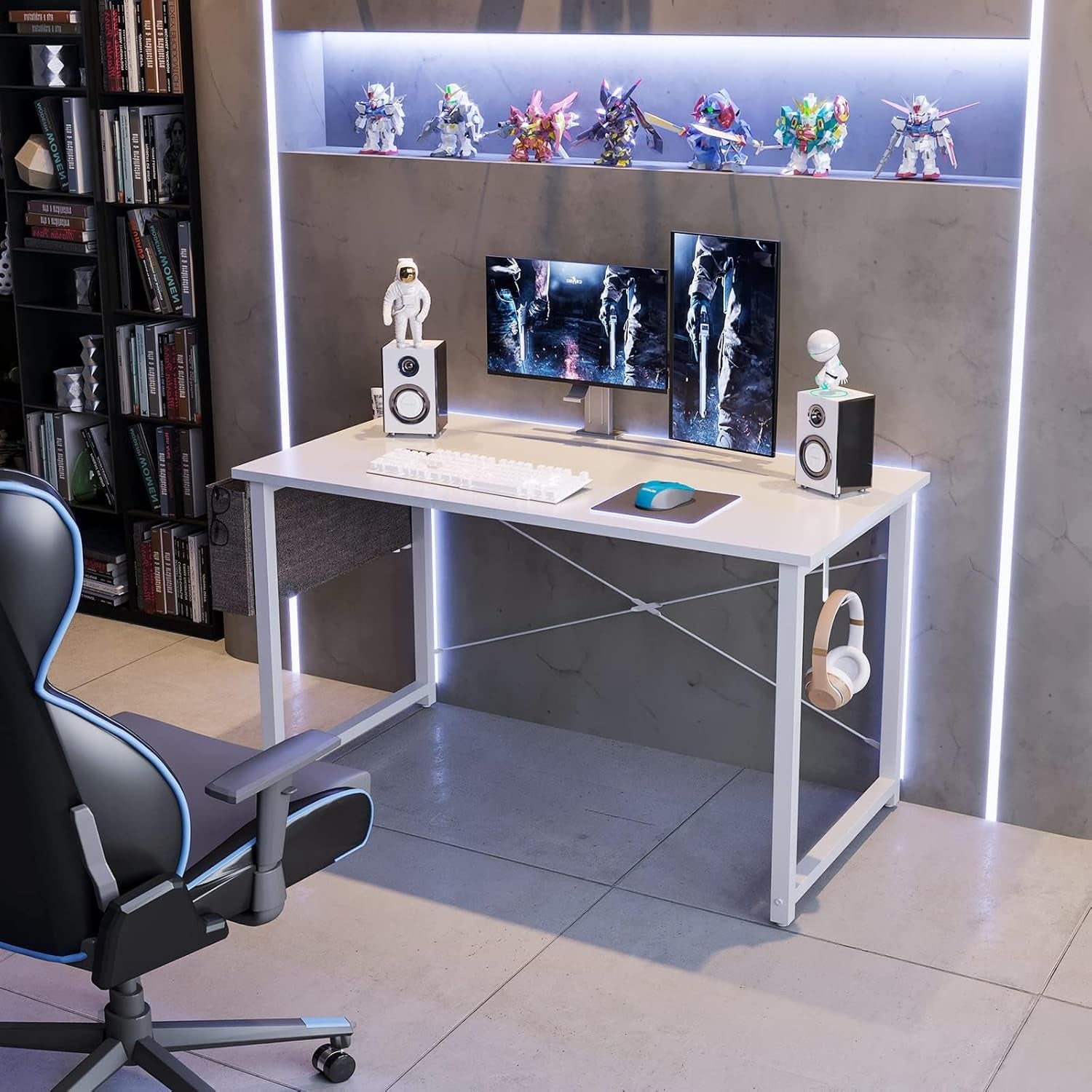 ODK Computer Desk Home Office Desk, Modern Writing Table, Simple Style PC Table with Storage Bag and Headphone Hook,100 * 48Cm White