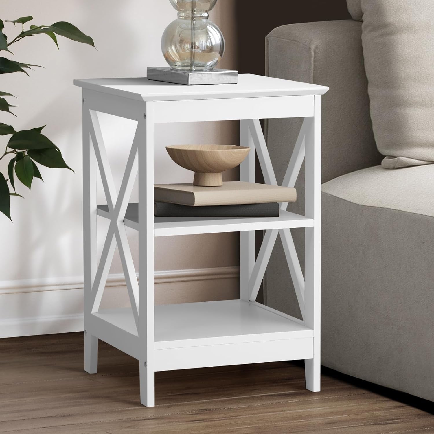 Oikiture End Table with 3-Tier Shelf Sofa Side Table Coffee beside Table White