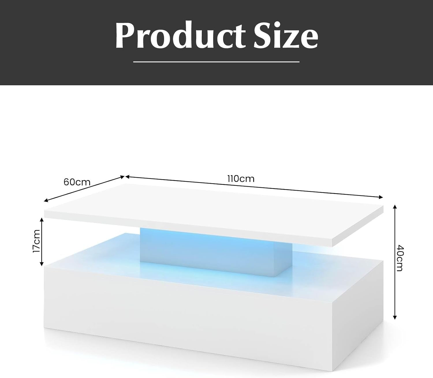 LED Coffee Table, Modern 2-Tier High Glossy White Coffee Table with Adjustable Light Colours, Speed & Brightness, (White)