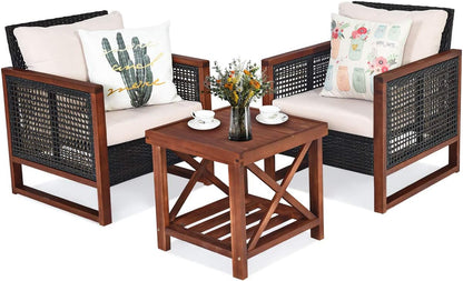  3-PCS Patio PE Rattan Chair Table Set, Wooden Wicker Furniture W/Solid Wood Frame, Soft Cushion, Coffee Table W/Shelf, Patio Conversation Sofa Setting for Balcony, Yard