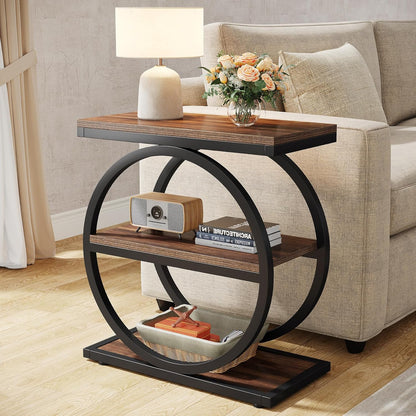 End Table, Narrow End Table with 3 Storage Shelves, 
