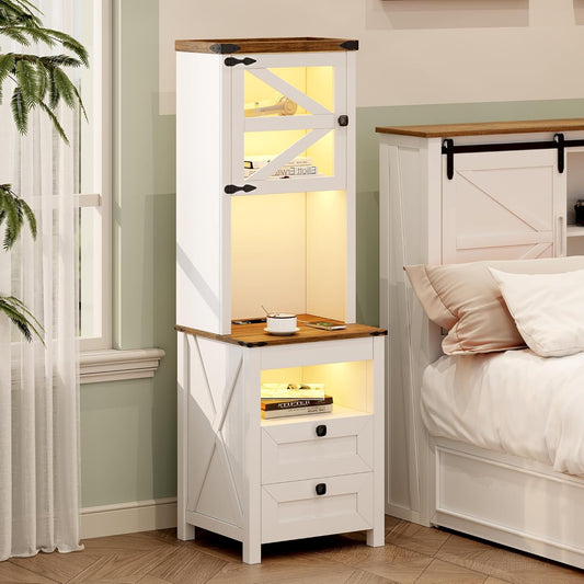 Tall Nightstand with Charging Station, Bedside Table with Drawers & Adjustable Shelf, LED Night Stand with Hidden Drawer, Farmhouse End Table for Bedroom, White