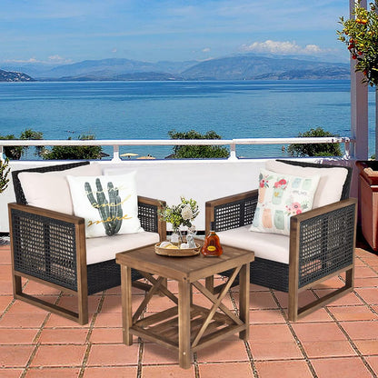  3-PCS Patio PE Rattan Chair Table Set, Wooden Wicker Furniture W/Solid Wood Frame, Soft Cushion, Coffee Table W/Shelf, Patio Conversation Sofa Setting for Balcony, Yard