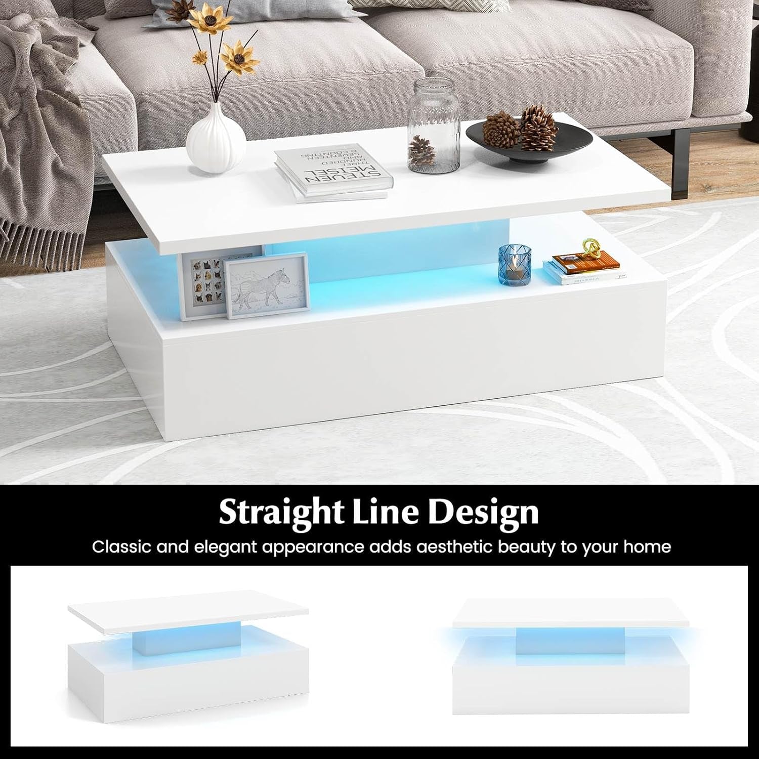 LED Coffee Table, Modern 2-Tier High Glossy White Coffee Table with Adjustable Light Colours, Speed & Brightness, (White)