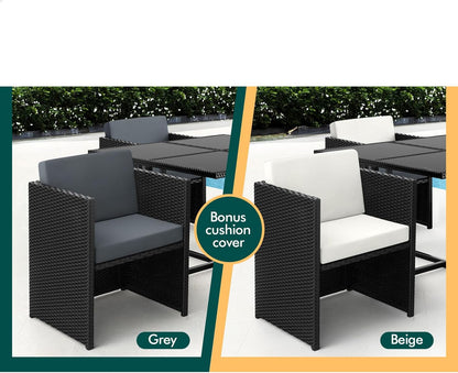 5Pcs Outdoor Dining Set Patio Furniture Garden Armchair, PE Wicker Rattan Lounge Chair and Glass Top Table with Steel Frame & Cushions, Uv-Resistant Conversation Sofa Set with Storage Cover